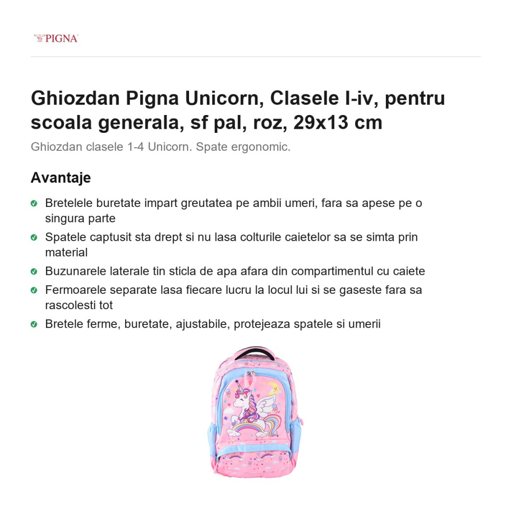 Ghiozdan Pigna Unicorn, pentru scoala generala, I-IV sf pal, roz, 29x13 cm [2]