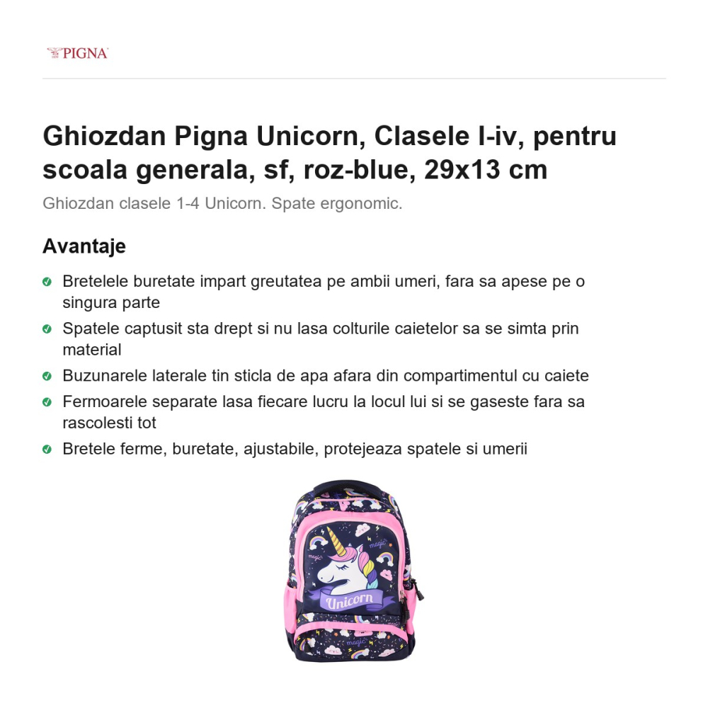 Ghiozdan Pigna Unicorn, pentru scoala generala, I-IV sf, roz-blue, 29x13 cm [2]