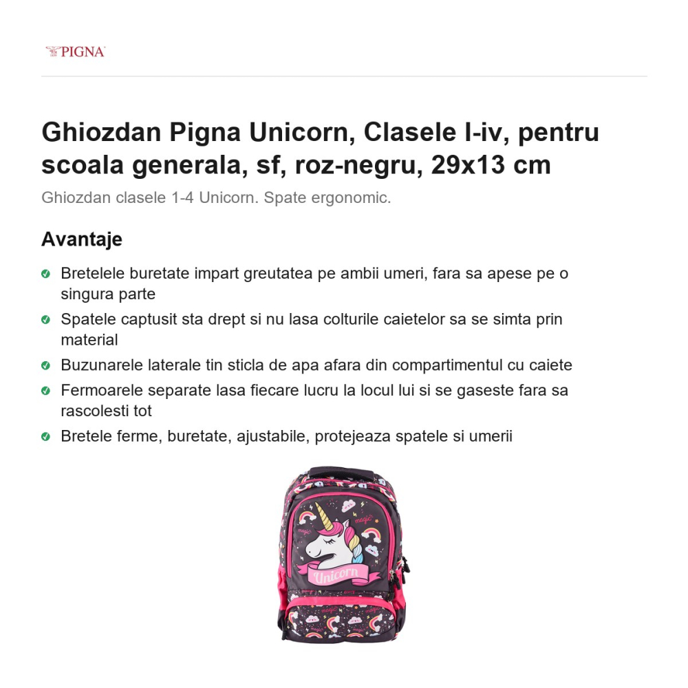 Ghiozdan Pigna Unicorn, pentru scoala generala, I-IV sf, roz-negru, 29x13 cm [2]