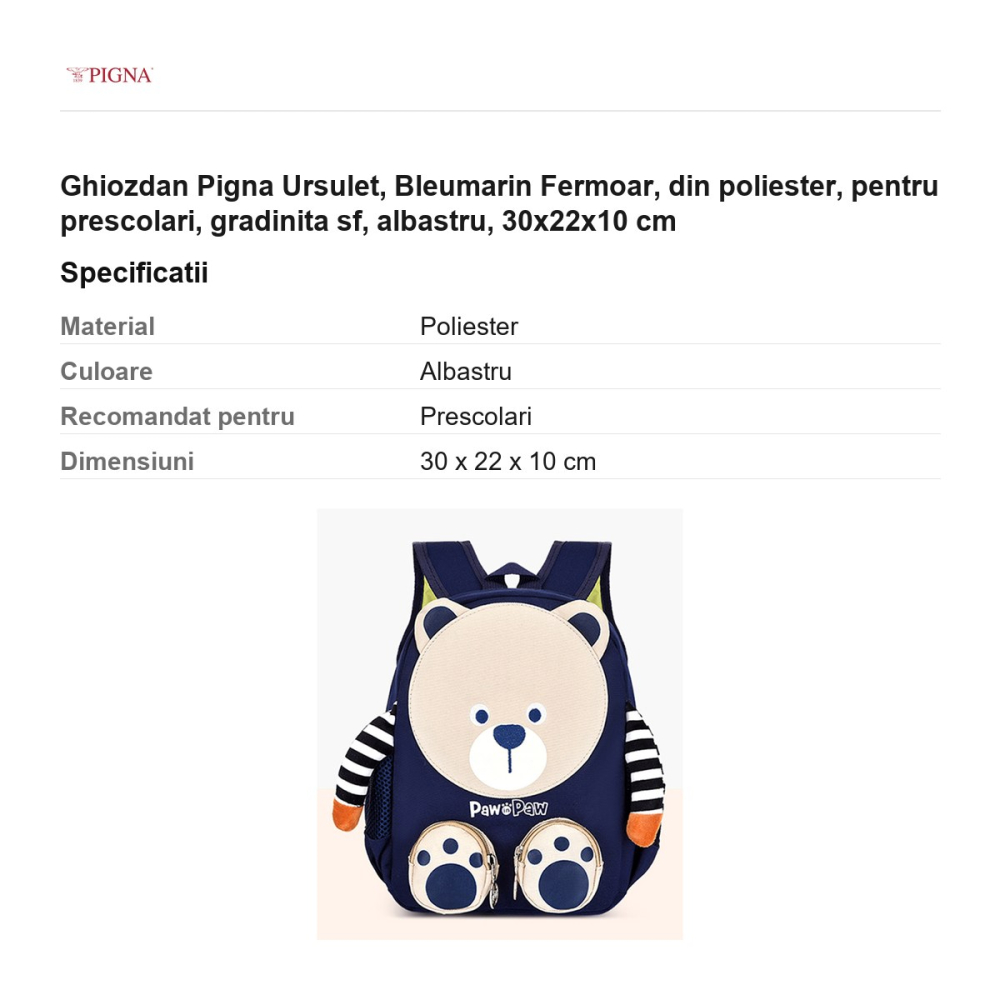 Ghiozdan Pigna Ursulet, din poliester, pentru prescolari, sf bleumarin fermoar, albastru, 30x22x10 cm [3]