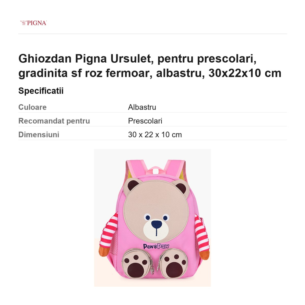 Ghiozdan Pigna Ursulet, pentru prescolari, sf roz fermoar, albastru, 30x22x10 cm [3]