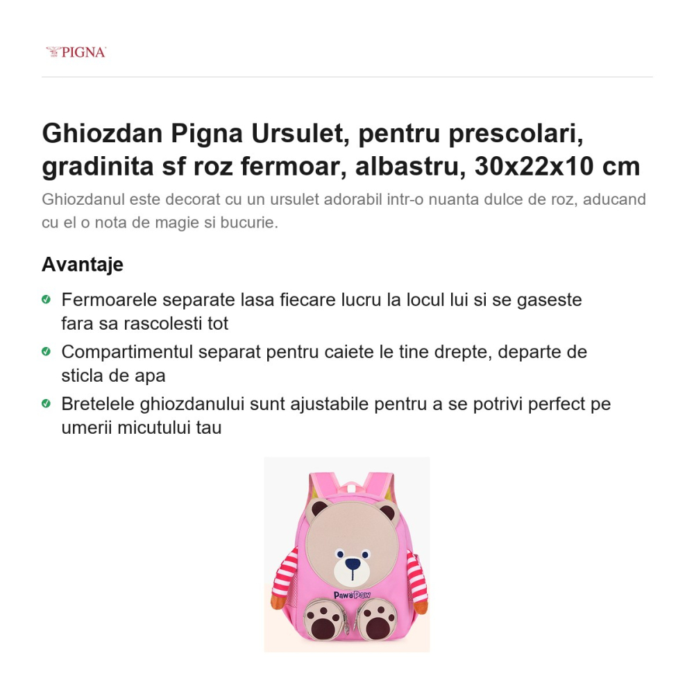 Ghiozdan Pigna Ursulet, pentru prescolari, sf roz fermoar, albastru, 30x22x10 cm [2]