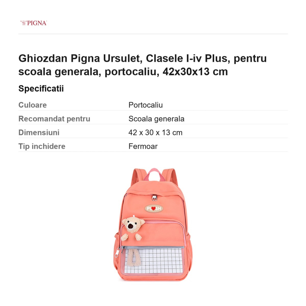 Ghiozdan Pigna Ursulet, pentru scoala generala, I-IV plus, portocaliu, 42x30x13 cm [3]