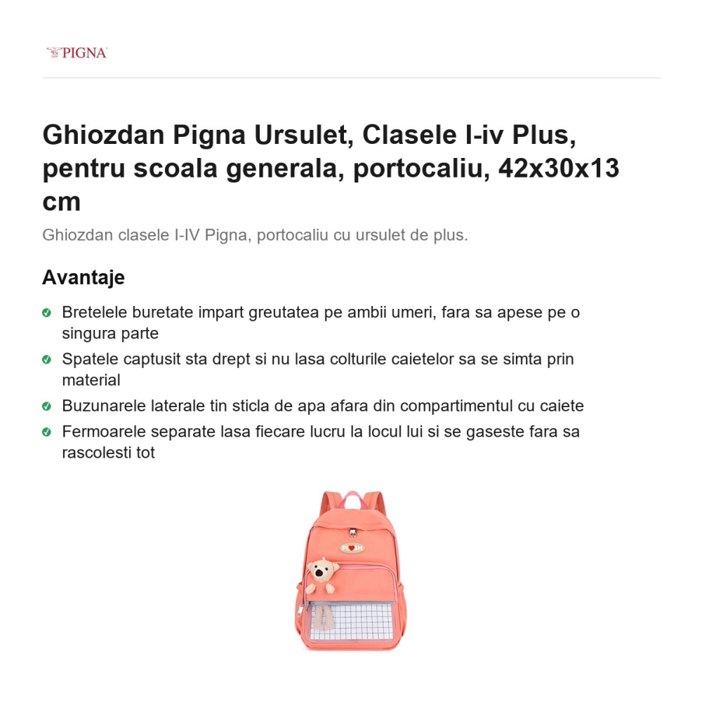 Ghiozdan Pigna Ursulet, pentru scoala generala, I-IV plus, portocaliu, 42x30x13 cm [2]