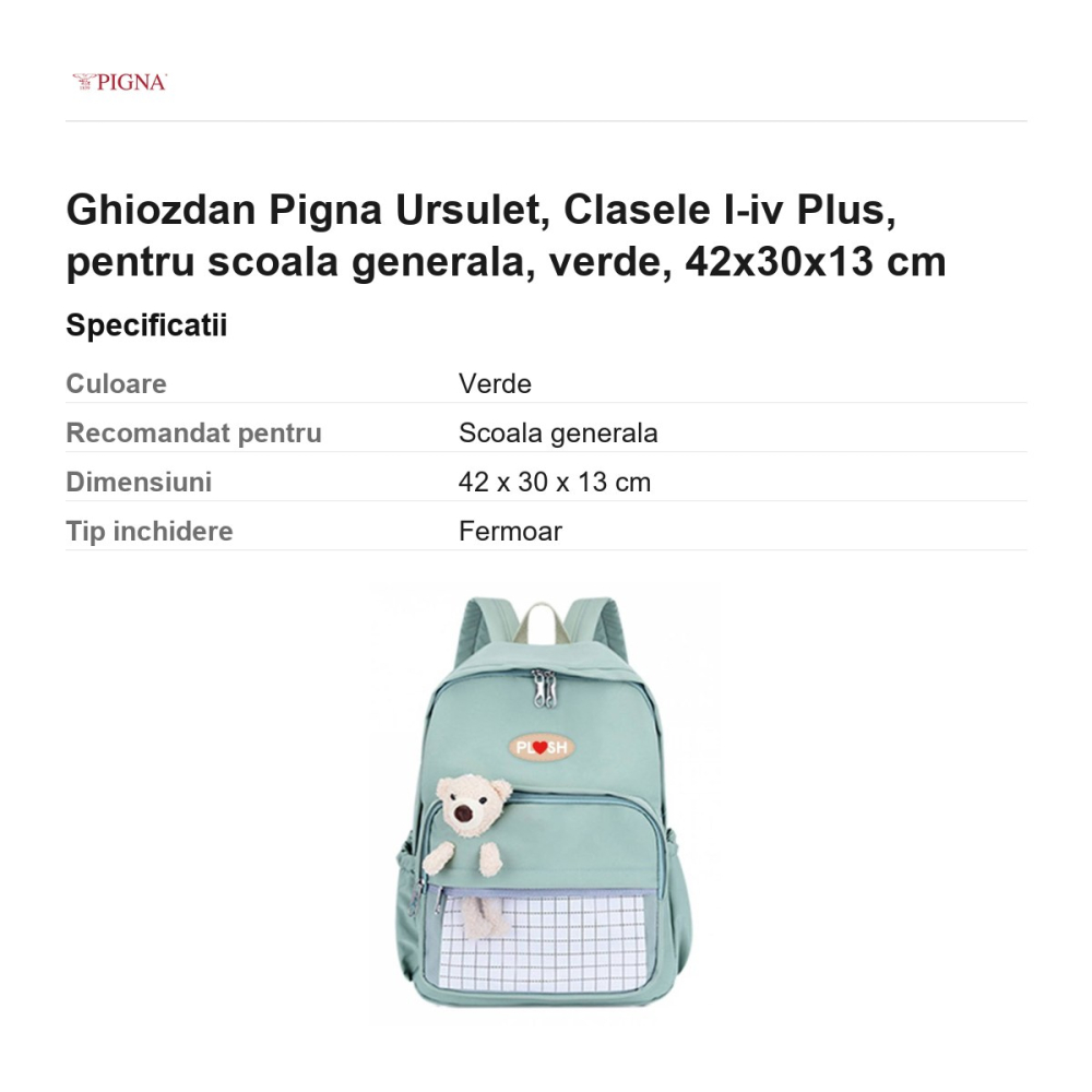 Ghiozdan Pigna Ursulet, pentru scoala generala, I-IV plus, verde, 42x30x13 cm [3]