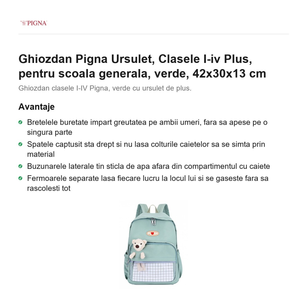 Ghiozdan Pigna Ursulet, pentru scoala generala, I-IV plus, verde, 42x30x13 cm [2]