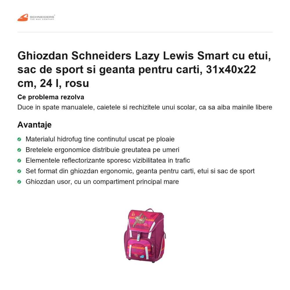 Ghiozdan Schneiders Lazy Lewis Smart cu etui, sac de sport si geanta pentru carti, 31x40x22 cm, 24 l, rosu [2]
