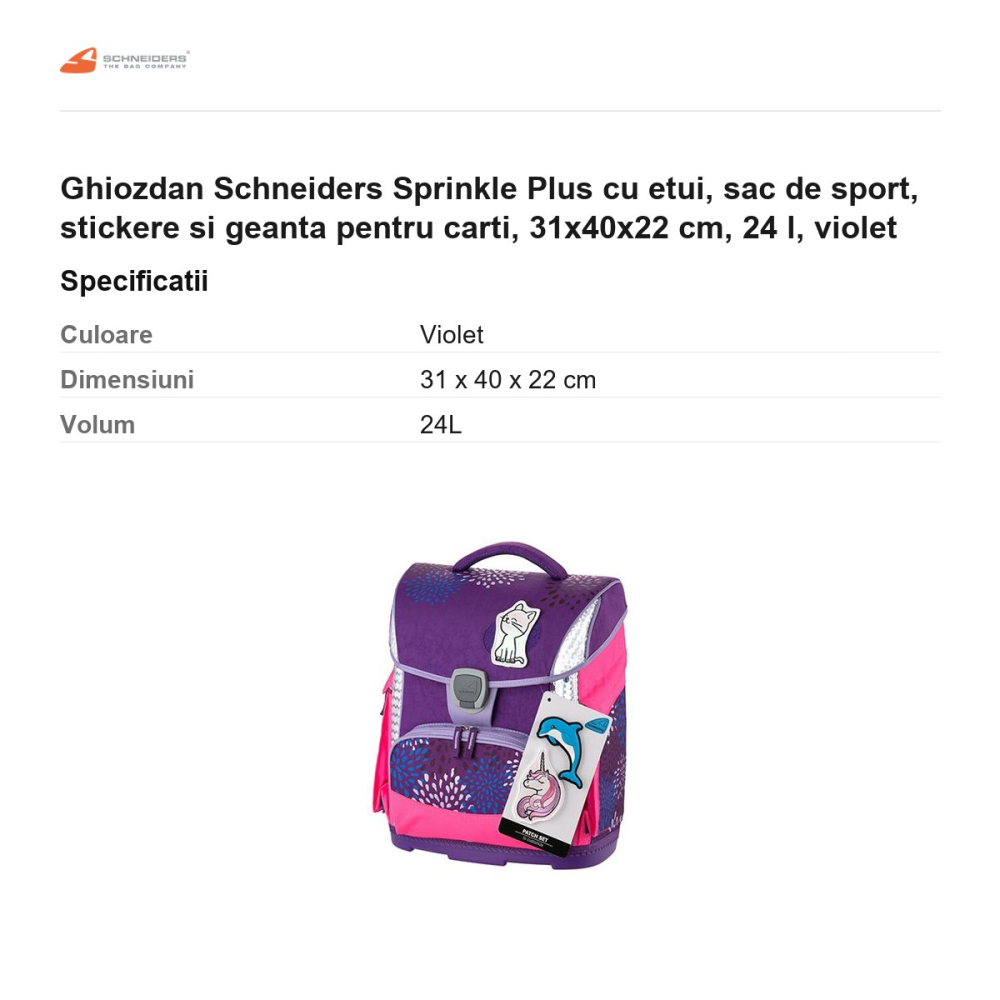 Ghiozdan Schneiders Sprinkle Plus cu etui, sac de sport, stickere si geanta pentru carti, 31x40x22 cm, 24 l, violet [3]