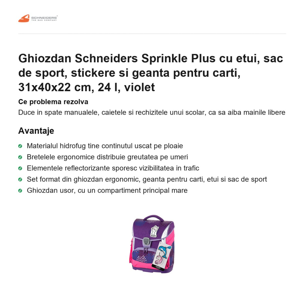 Ghiozdan Schneiders Sprinkle Plus cu etui, sac de sport, stickere si geanta pentru carti, 31x40x22 cm, 24 l, violet [2]