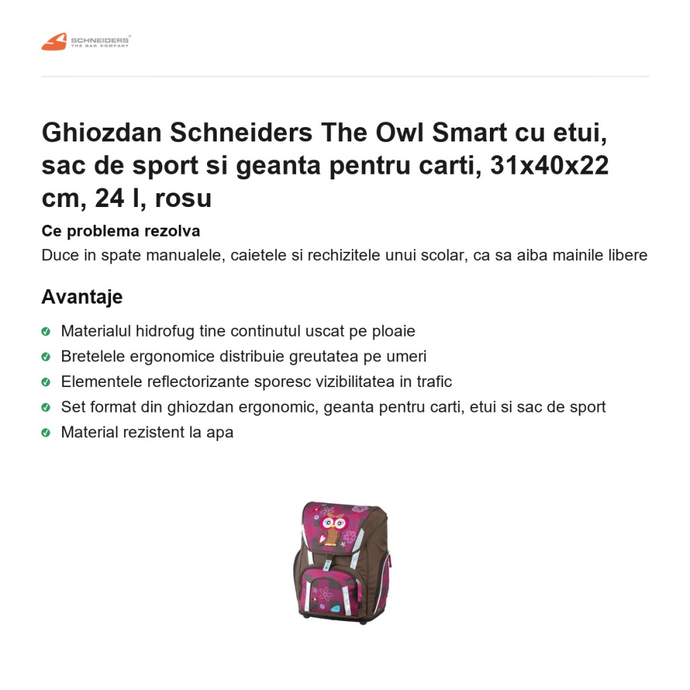 Ghiozdan Schneiders The Owl Smart cu etui, sac de sport si geanta pentru carti, 31x40x22 cm, 24 l, rosu [2]