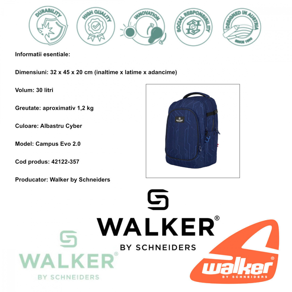 Ghiozdan scolar pentru adolescenti, Campus Evo 2.0 Cyber Blue, produs Walker by Schneiders, 32 x 45 x 20 cm, albastru [4]