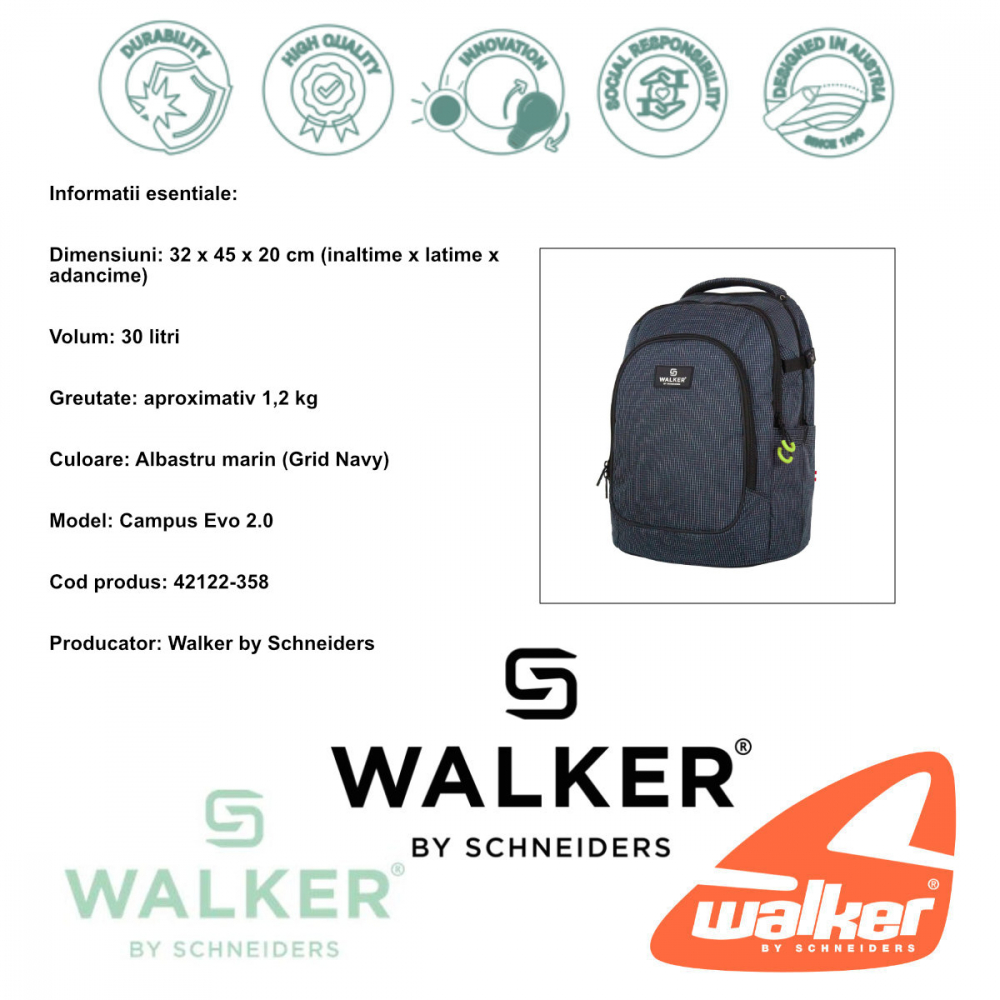 Ghiozdan scolar pentru adolescenti, Campus Evo 2.0 Grid Navy, produs Walker by Schneiders, 32 x 45 x 20 cm, albastru marin [3]