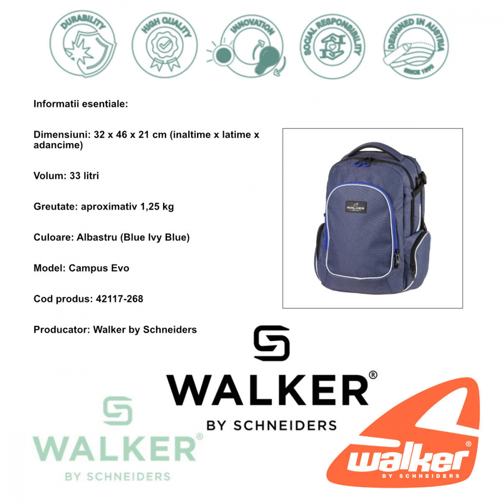 Ghiozdan scolar pentru adolescenti, Campus Evo Blue Ivy Blue, produs Walker by Schneiders, 32 x 46 x 21 cm, albastru [5]