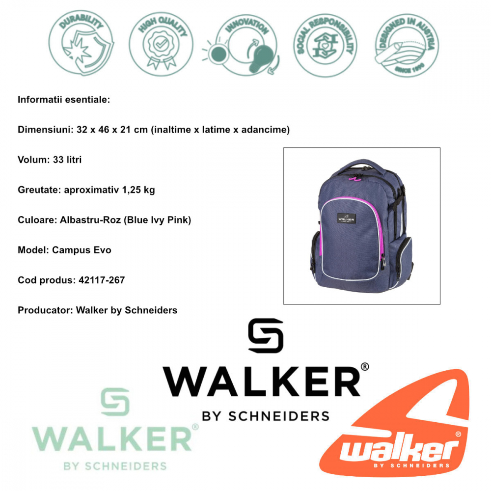 Ghiozdan scolar pentru adolescenti, Campus Evo Blue Ivy Pink, produs Walker by Schneiders, 32 x 46 x 21 cm, albastru-roz [5]