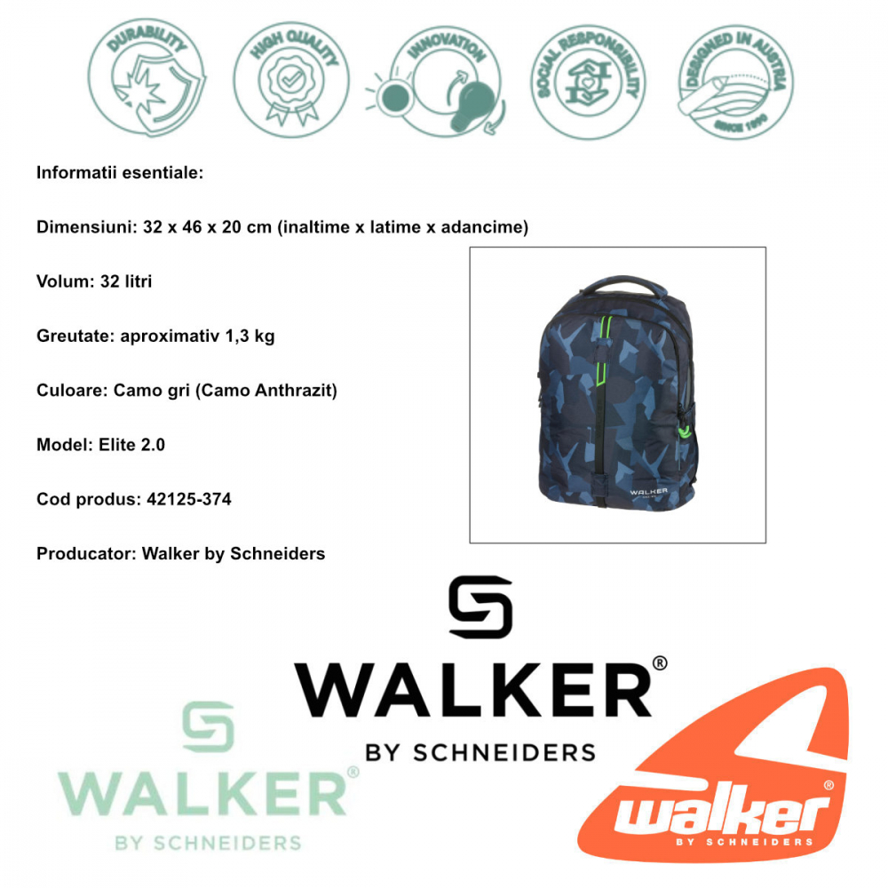 Ghiozdan scolar pentru adolescenti, Elite 2.0 Camo Anthrazit, produs Walker by Schneiders, 32 x 46 x 20 cm, camo gri [5]