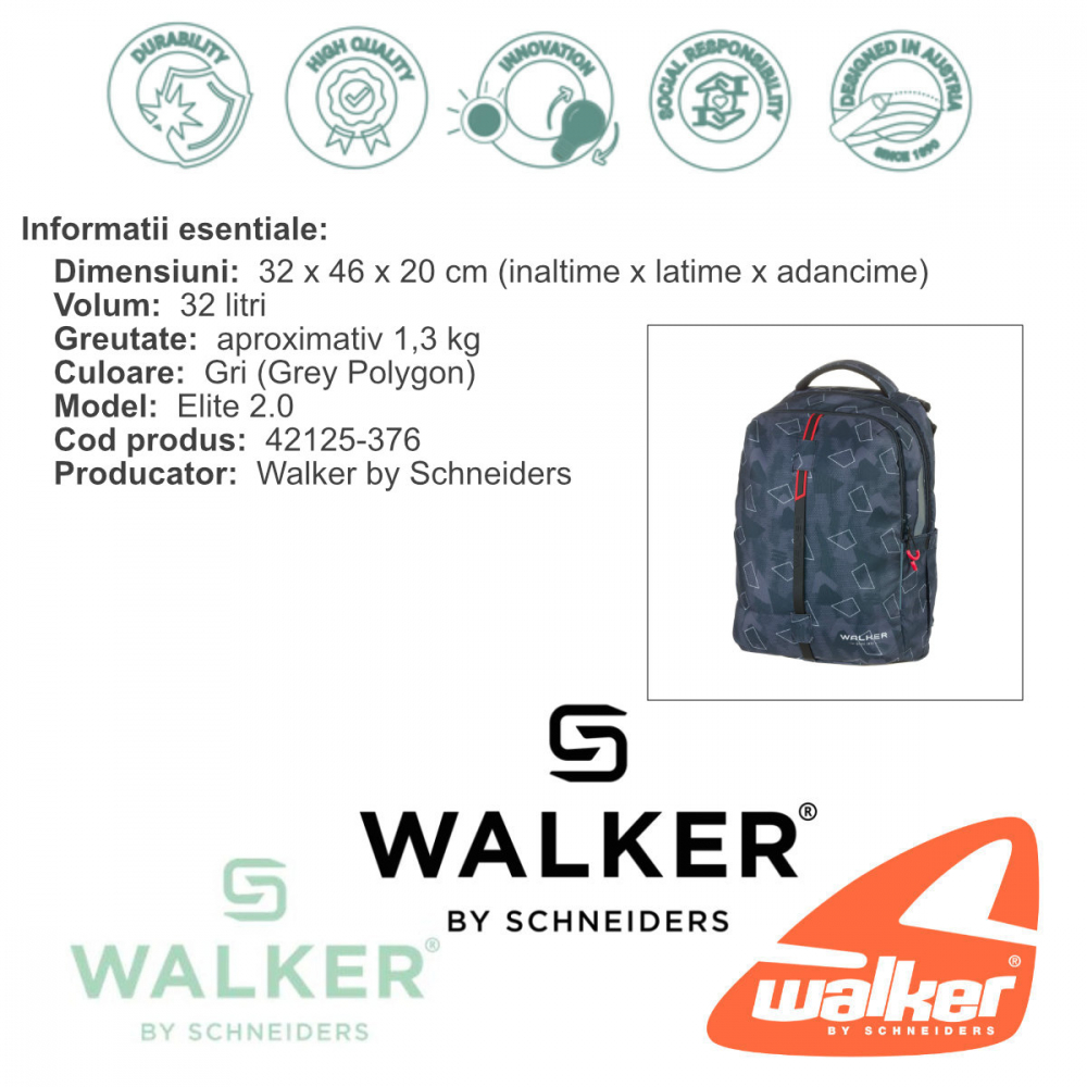 Ghiozdan scolar pentru adolescenti, Elite 2.0 Grey Polygon, produs Walker by Schneiders, 32 x 46 x 20 cm, gri [4]