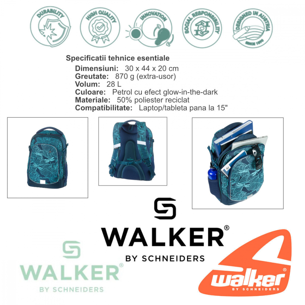 Ghiozdan scolar pentru fete, Fame 2.0 Glow in Dark Petrol, produs Walker by Schneiders, 30 x 44 x 20 cm [6]