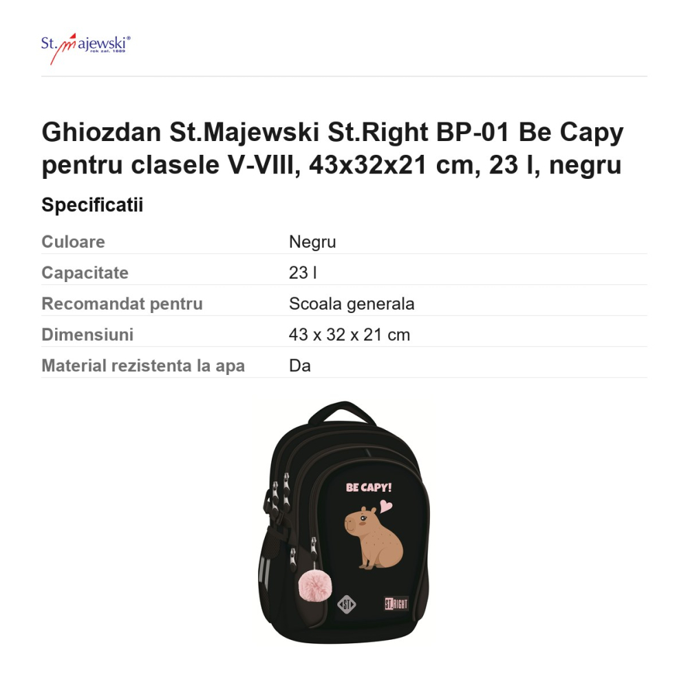 Ghiozdan St.Majewski St.Right BP-01 Be Capy pentru clasele V-VIII, 43x32x21 cm, 23 l, negru [3]