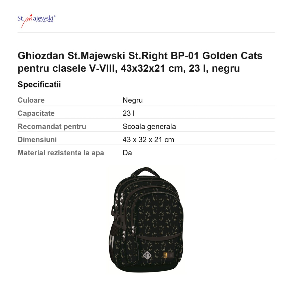 Ghiozdan St.Majewski St.Right BP-01 Golden Cats pentru clasele V-VIII, 43x32x21 cm, 23 l, negru [3]
