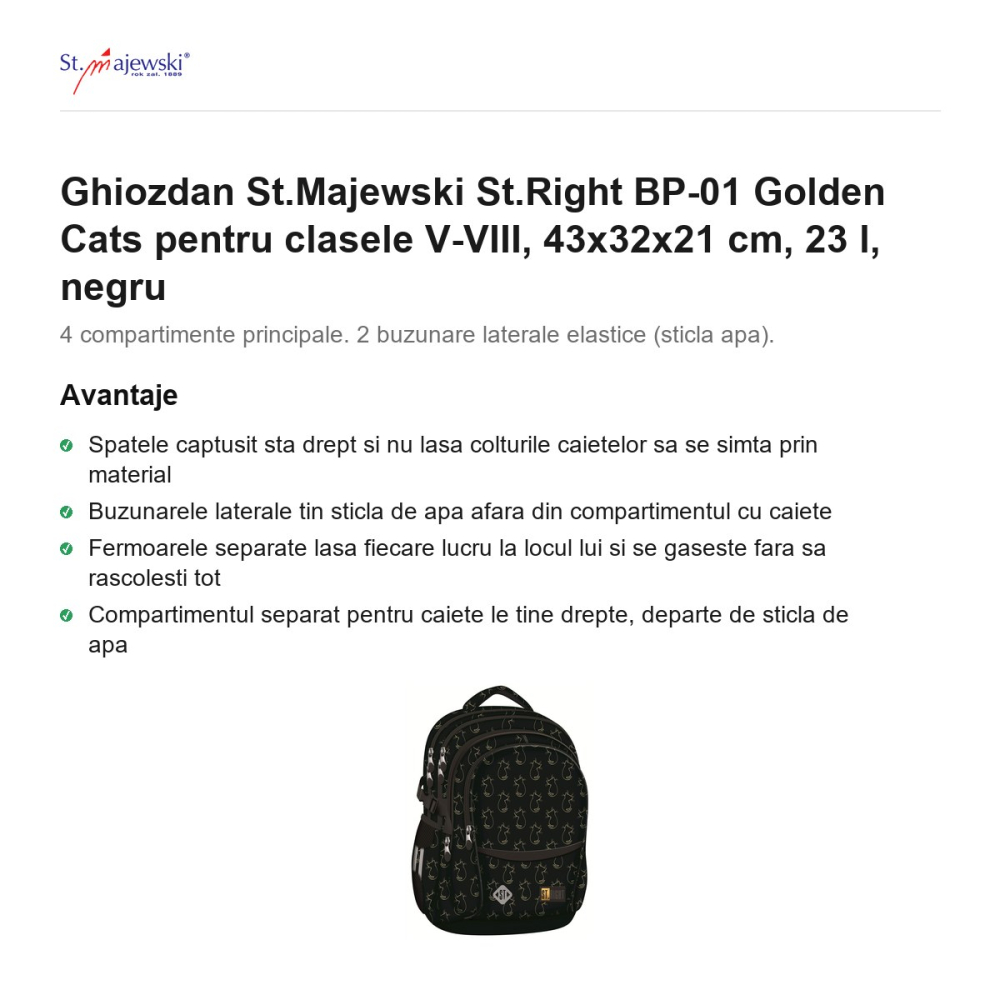 Ghiozdan St.Majewski St.Right BP-01 Golden Cats pentru clasele V-VIII, 43x32x21 cm, 23 l, negru [2]