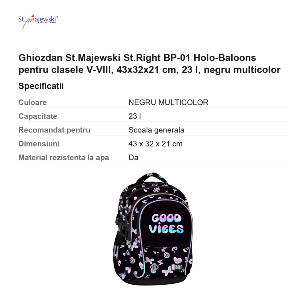 Ghiozdan St.Majewski St.Right BP-01 Holo-Baloons pentru clasele V-VIII, 43x32x21 cm, 23 l, negru multicolor [3]