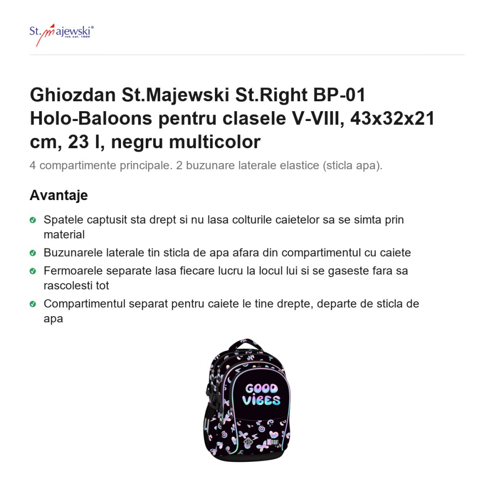 Ghiozdan St.Majewski St.Right BP-01 Holo-Baloons pentru clasele V-VIII, 43x32x21 cm, 23 l, negru multicolor [2]