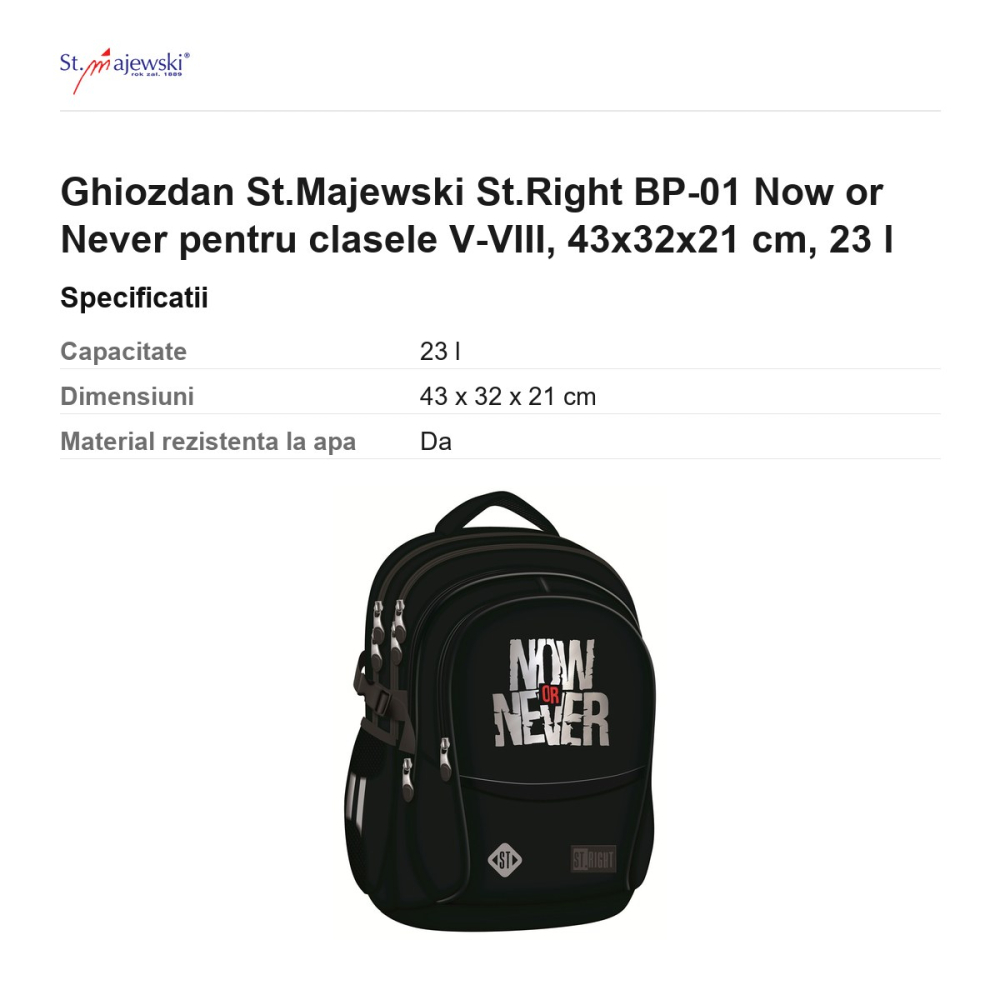 Ghiozdan St.Majewski St.Right BP-01 Now Or Never pentru clasele V-VIII, 43x32x21 cm, 23 l [3]