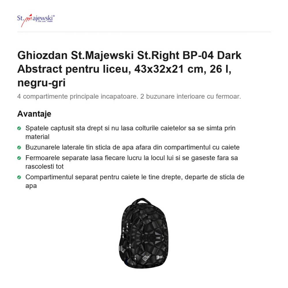 Ghiozdan St.Majewski St.Right BP-04 Dark Abstract pentru liceu, 43x32x21 cm, 26 l, negru-gri [2]