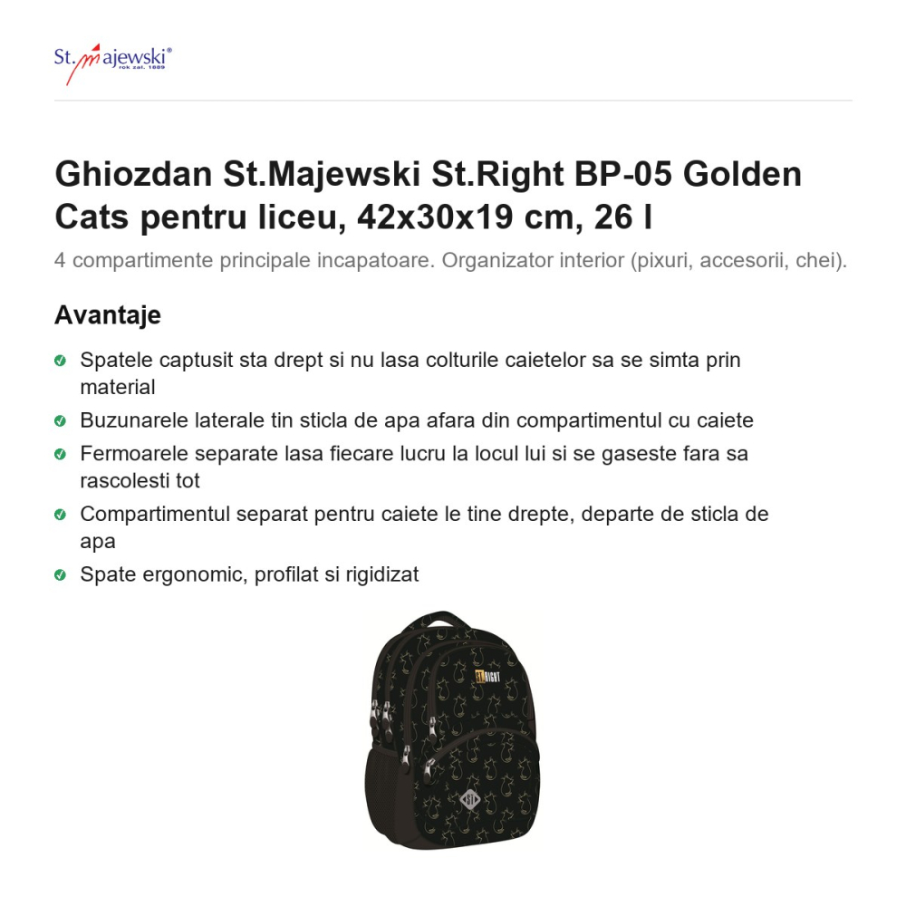 Ghiozdan St.Majewski St.Right BP-05 Golden Cats pentru liceu, 42x30x19 cm, 26 l [2]