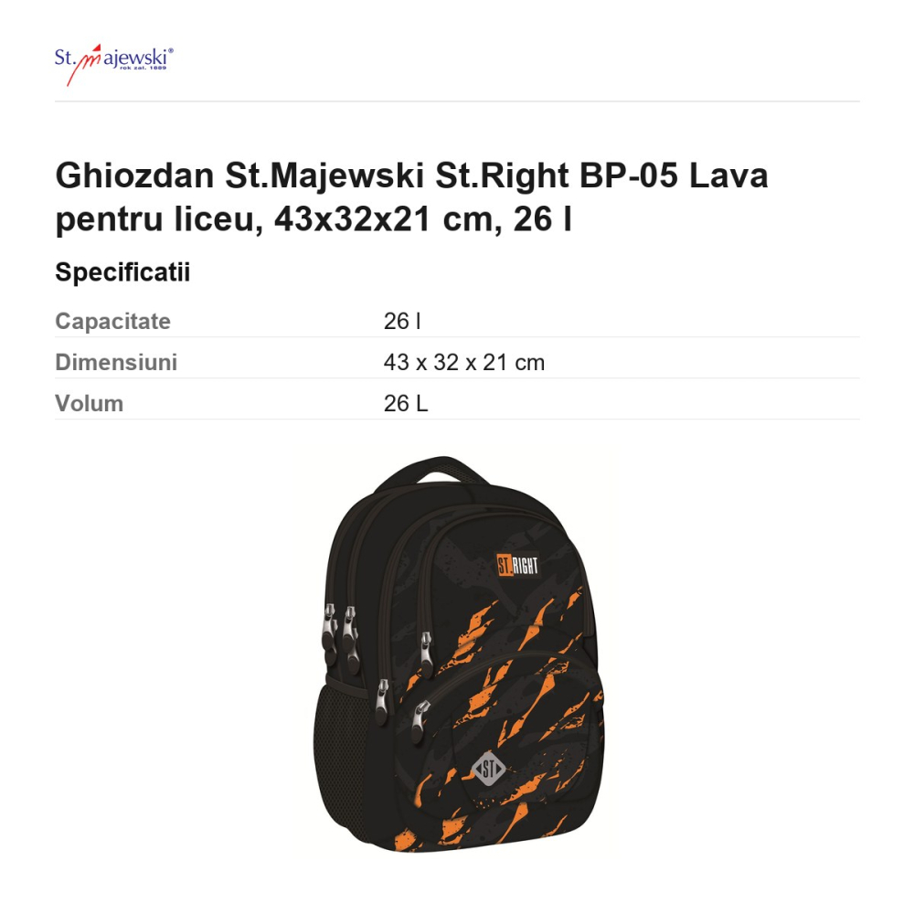Ghiozdan St.Majewski St.Right BP-05 Lava pentru liceu, 43x32x21 cm, 26 l [3]