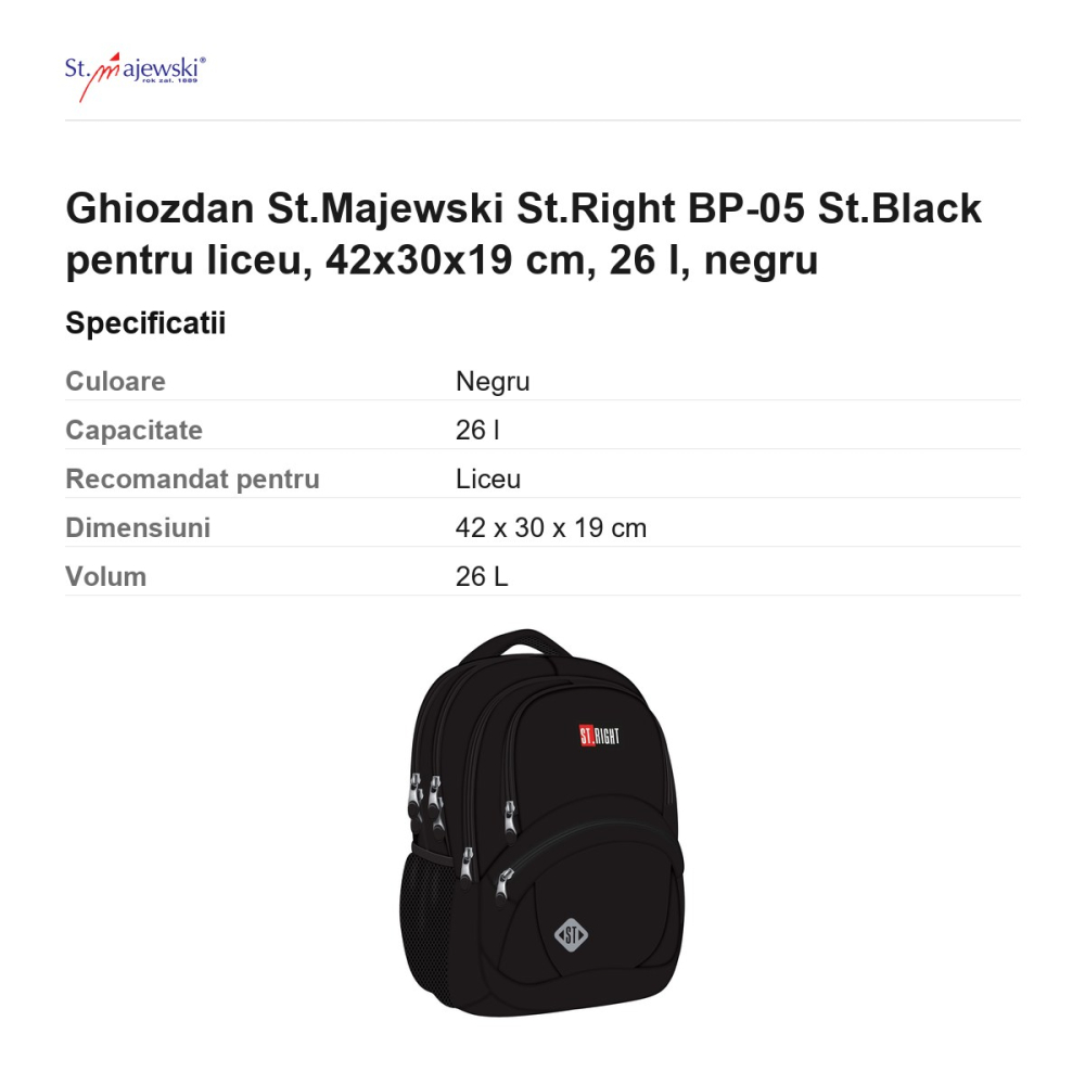 Ghiozdan St.Majewski St.Right BP-05 St.Black pentru liceu, 42x30x19 cm, 26 l, negru [3]