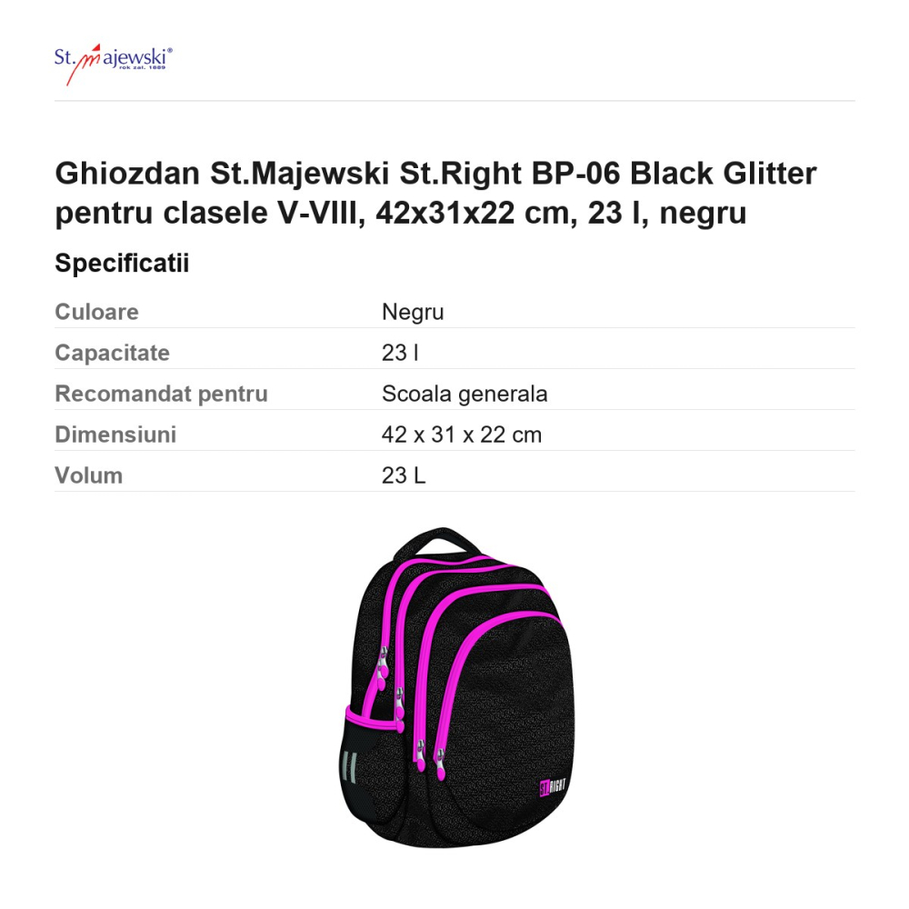 Ghiozdan St.Majewski St.Right BP-06 Black Glitter pentru clasele V-VIII, 42x31x22 cm, 23 l, negru [3]
