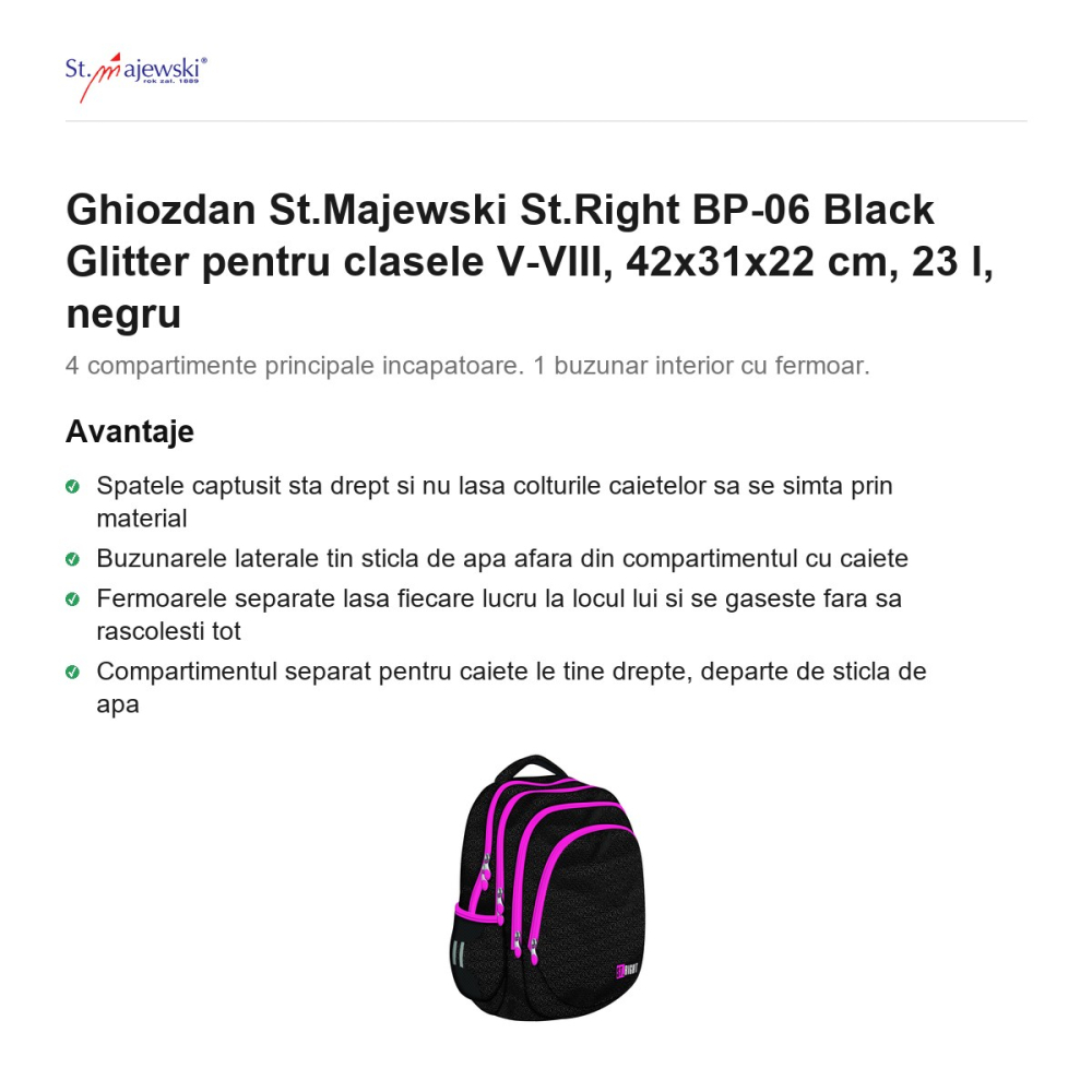 Ghiozdan St.Majewski St.Right BP-06 Black Glitter pentru clasele V-VIII, 42x31x22 cm, 23 l, negru [2]