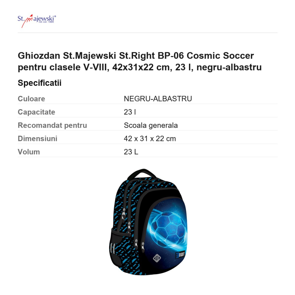 Ghiozdan St.Majewski St.Right BP-06 Cosmic Soccer pentru clasele V-VIII, 42x31x22 cm, 23 l, negru-albastru [3]