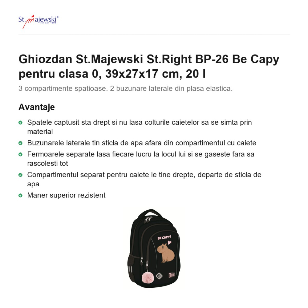 Ghiozdan St.Majewski St.Right BP-26 Be Capy pentru clasa 0, 39x27x17 cm, 20 l [2]