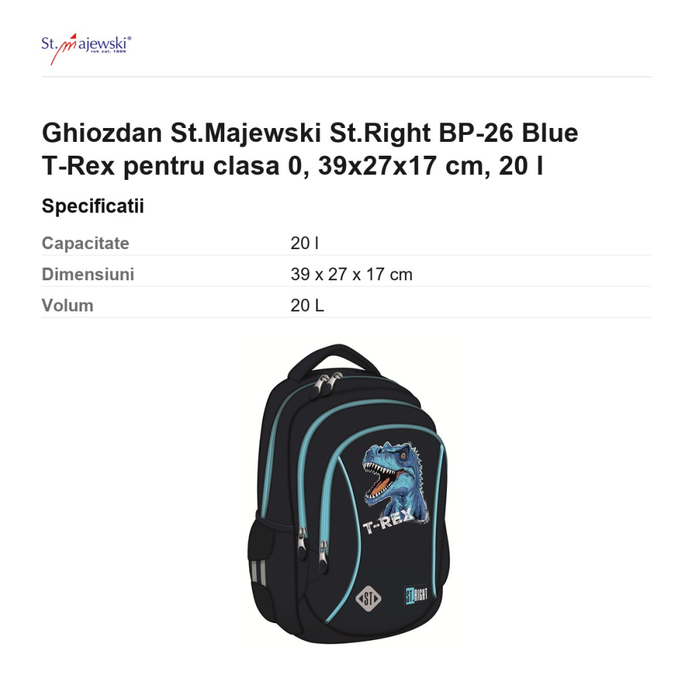 Ghiozdan St.Majewski St.Right BP-26 Blue T-Rex pentru clasa 0, 39x27x17 cm, 20 l [3]