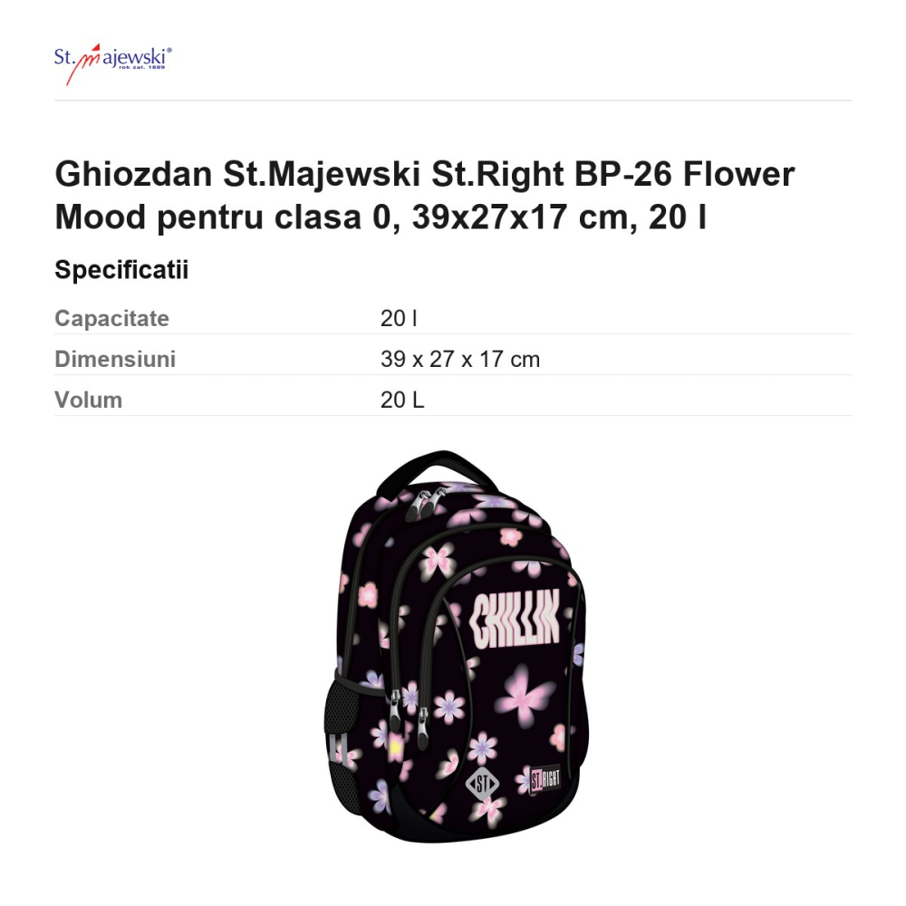 Ghiozdan St.Majewski St.Right BP-26 Flower Mood pentru clasa 0, 39x27x17 cm, 20 l [3]
