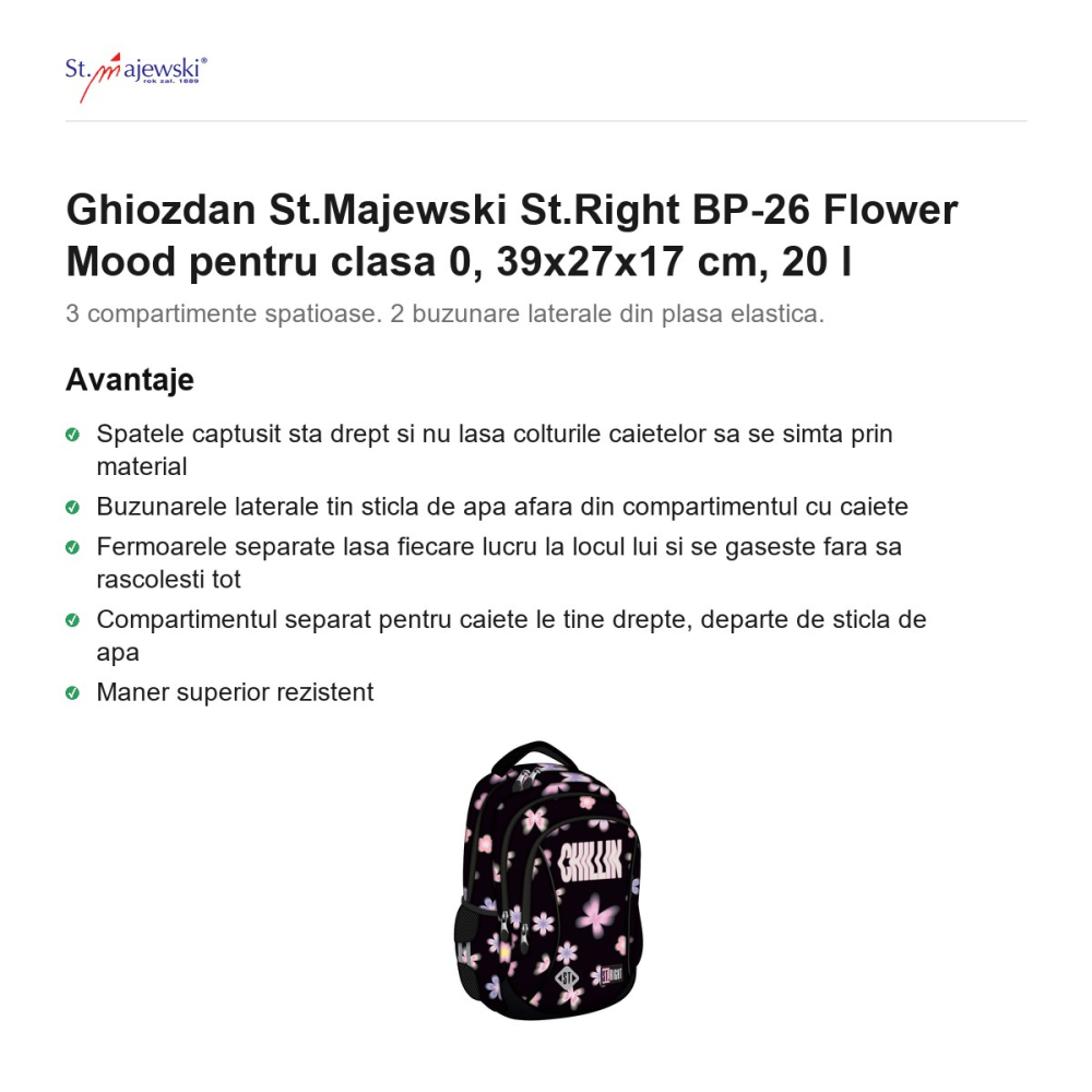 Ghiozdan St.Majewski St.Right BP-26 Flower Mood pentru clasa 0, 39x27x17 cm, 20 l [2]