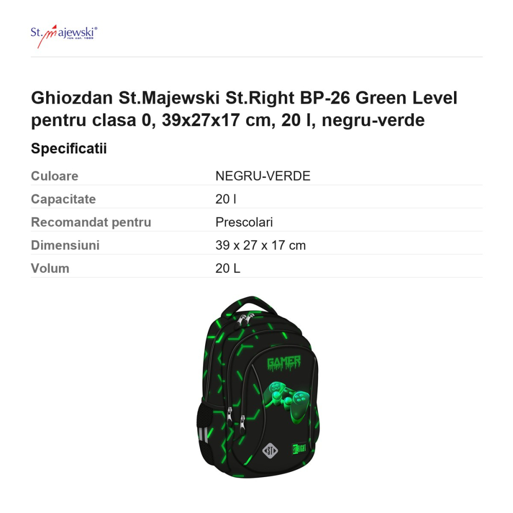 Ghiozdan St.Majewski St.Right BP-26 Green Level pentru clasa 0, 39x27x17 cm, 20 l, negru-verde [3]