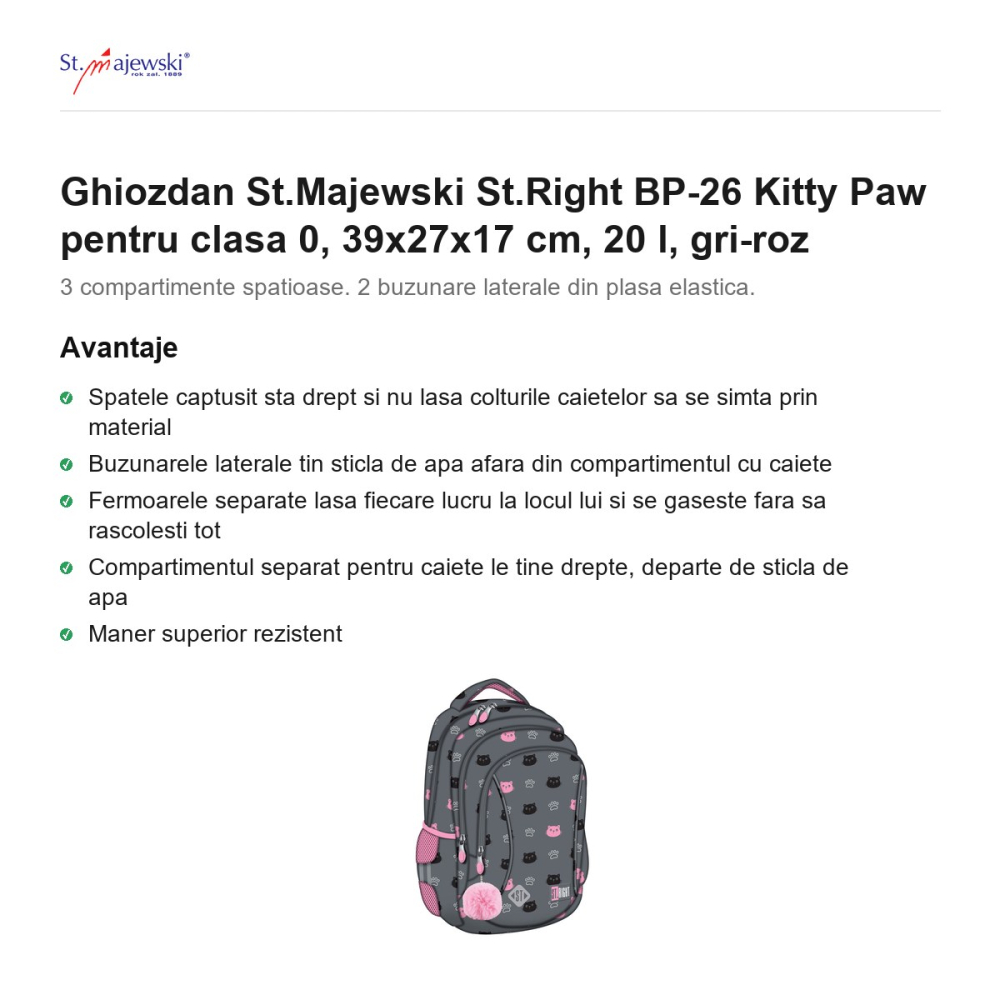 Ghiozdan St.Majewski St.Right BP-26 Kitty Paw pentru clasa 0, 39x27x17 cm, 20 l, gri-roz [2]