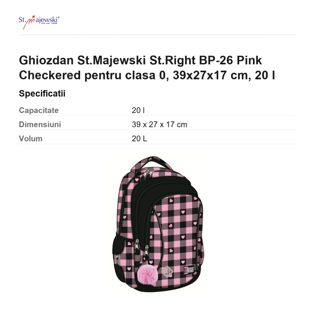 Ghiozdan St.Majewski St.Right BP-26 Pink Checkered pentru clasa 0, 39x27x17 cm, 20 l [3]