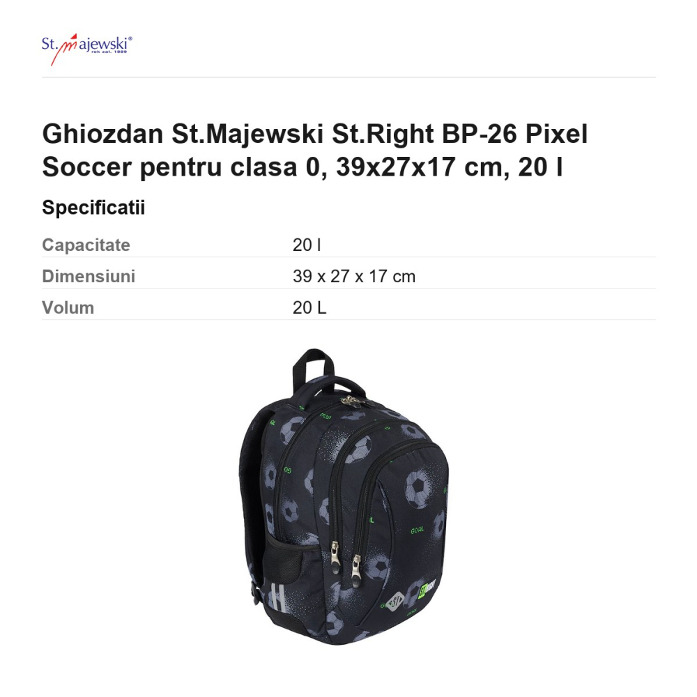 Ghiozdan St.Majewski St.Right BP-26 Pixel Soccer pentru clasa 0, 39x27x17 cm, 20 l [3]