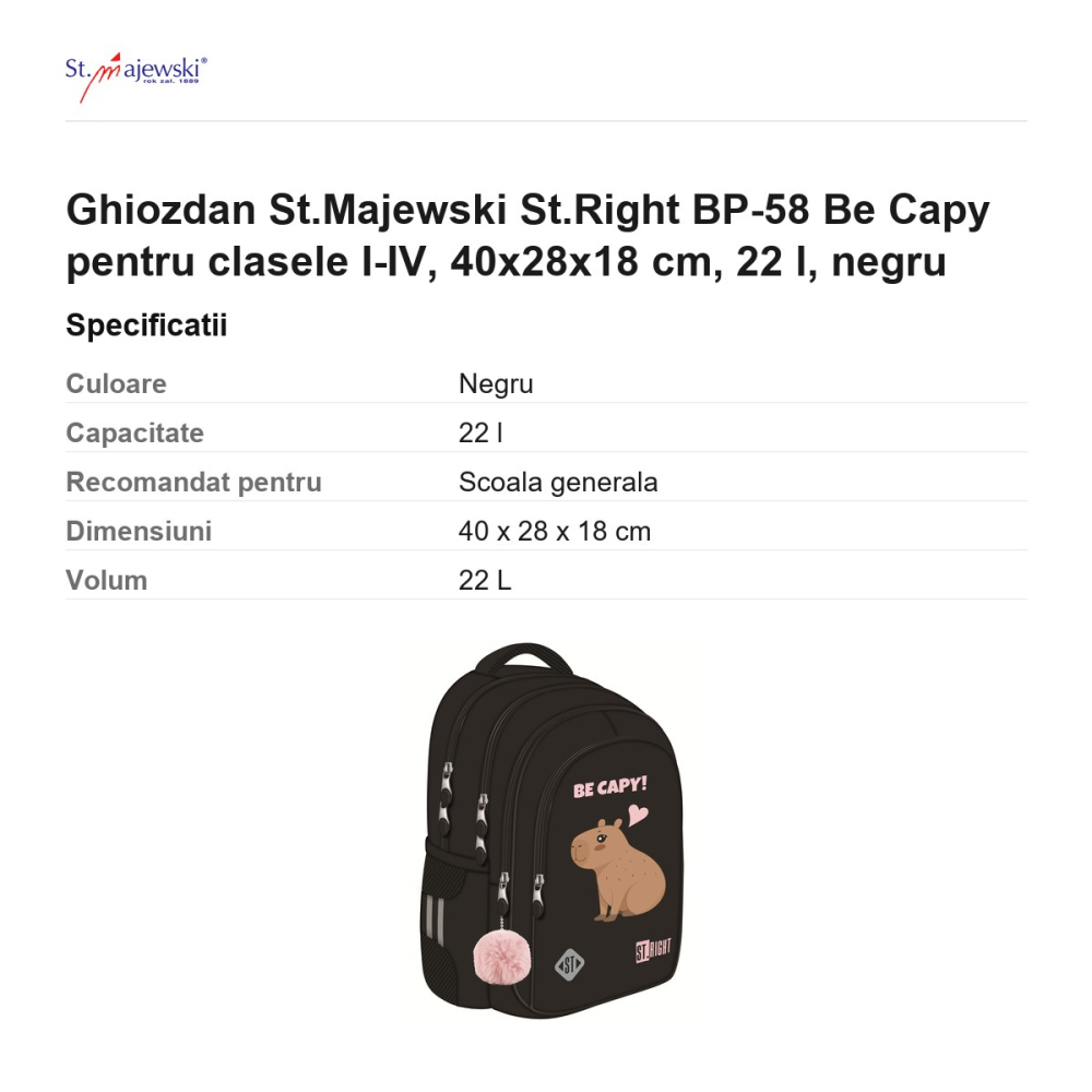 Ghiozdan St.Majewski St.Right BP-58 Be Capy pentru clasele I-IV, 40x28x18 cm, 22 l, negru [3]