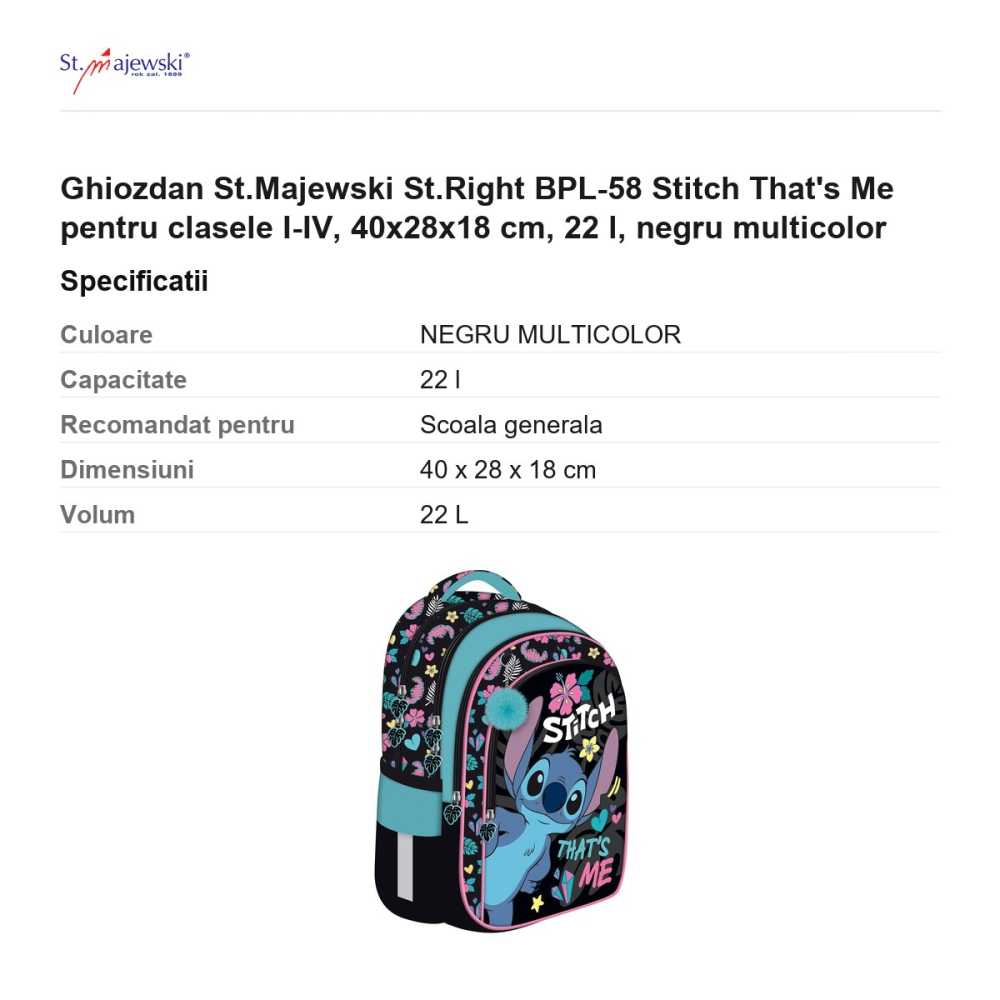 Ghiozdan St.Majewski St.Right BPL-58 Stitch That's Me pentru clasele I-IV, 40x28x18 cm, 22 l, negru multicolor [3]