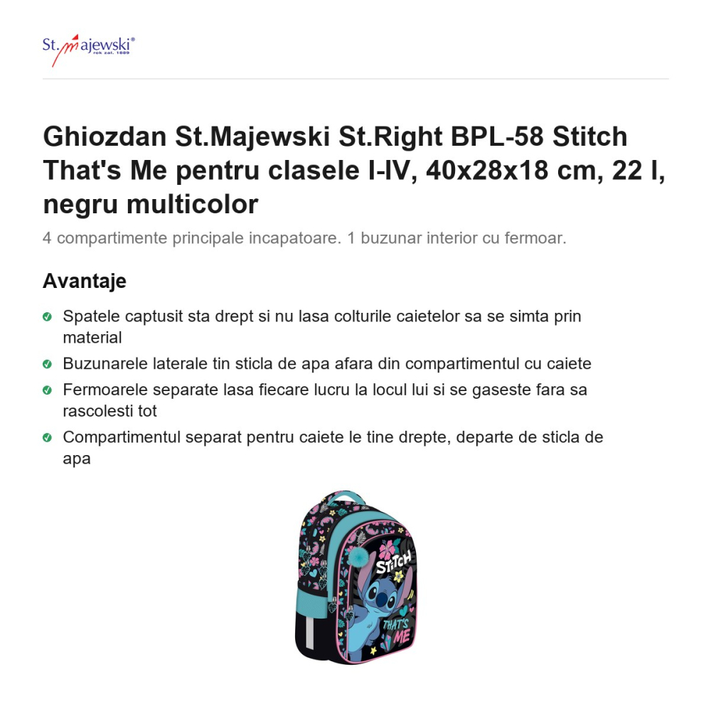 Ghiozdan St.Majewski St.Right BPL-58 Stitch That's Me pentru clasele I-IV, 40x28x18 cm, 22 l, negru multicolor [2]
