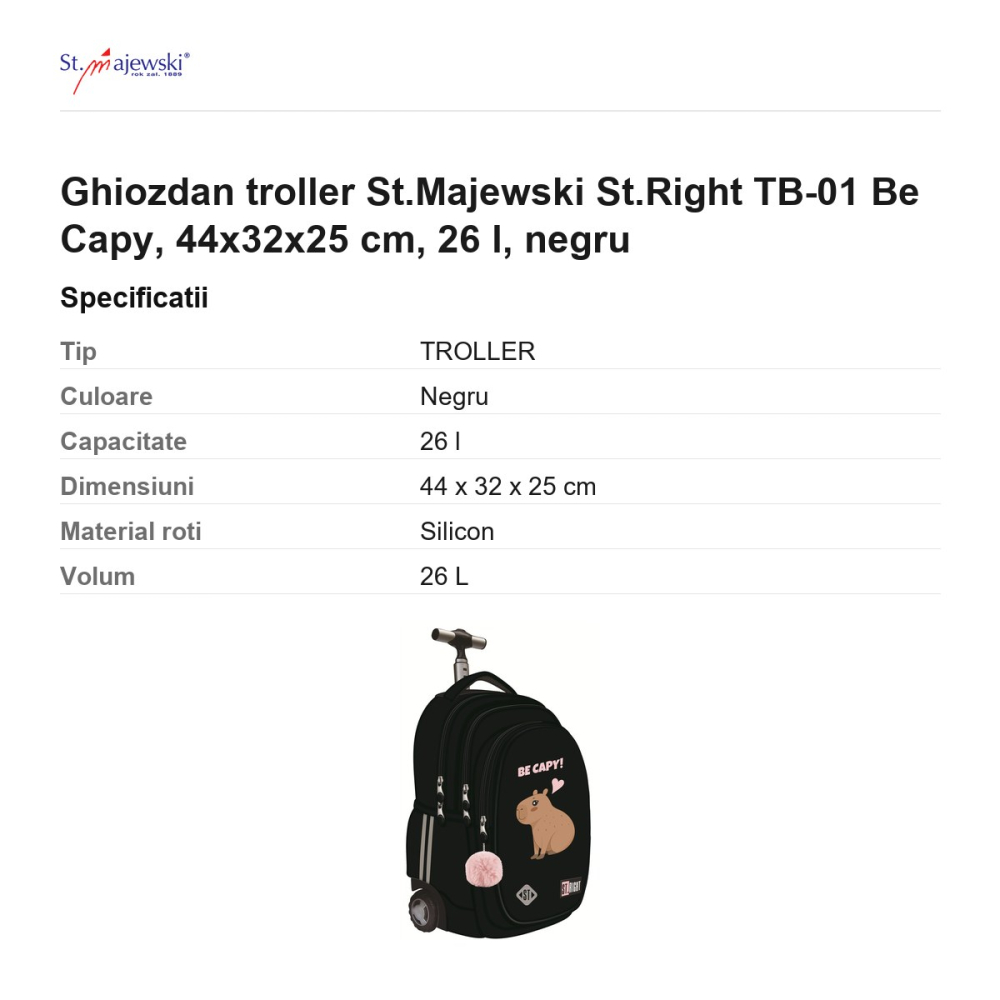 Ghiozdan troller St.Majewski St.Right TB-01 Be Capy, 44x32x25 cm, 26 l, negru [3]