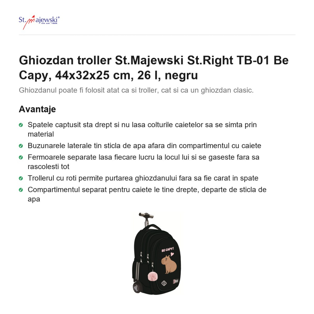 Ghiozdan troller St.Majewski St.Right TB-01 Be Capy, 44x32x25 cm, 26 l, negru [2]