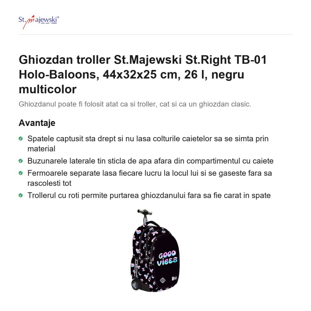 Ghiozdan troller St.Majewski St.Right TB-01 Holo-Baloons, 44x32x25 cm, 26 l, negru multicolor [2]