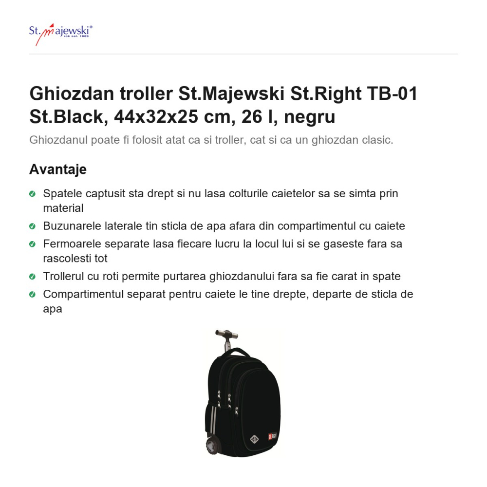 Ghiozdan troller St.Majewski St.Right TB-01 St.Black, 44x32x25 cm, 26 l, negru [2]