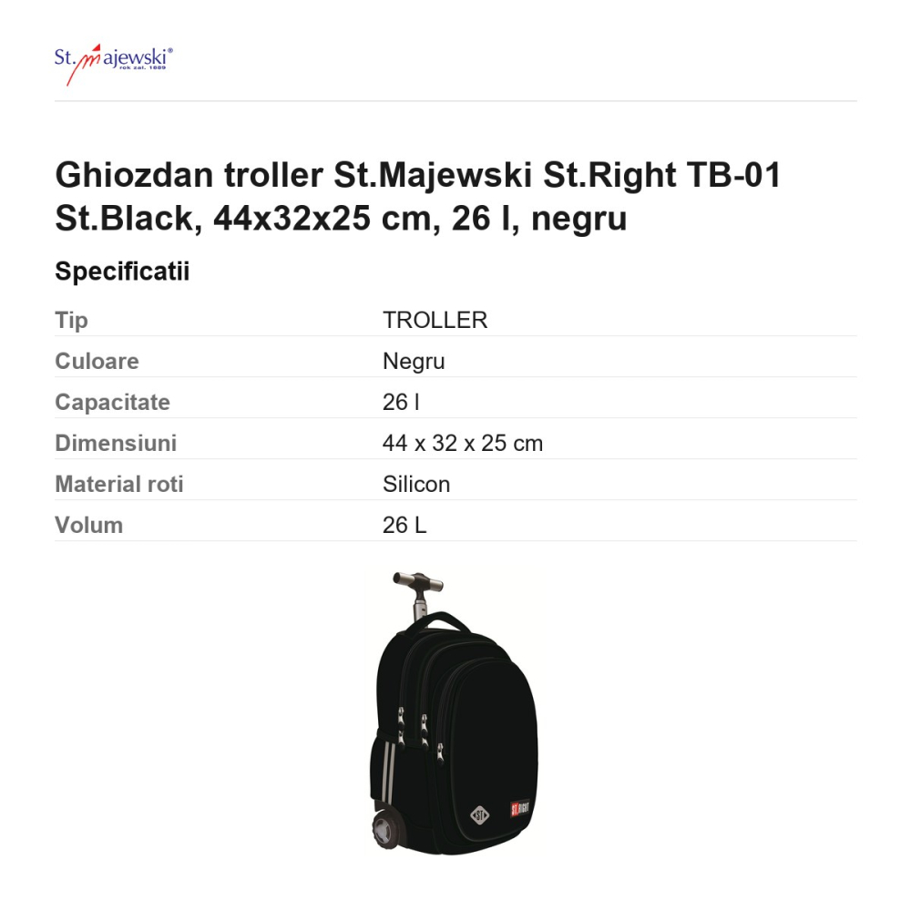 Ghiozdan troller St.Majewski St.Right TB-01 St.Black, 44x32x25 cm, 26 l, negru [3]